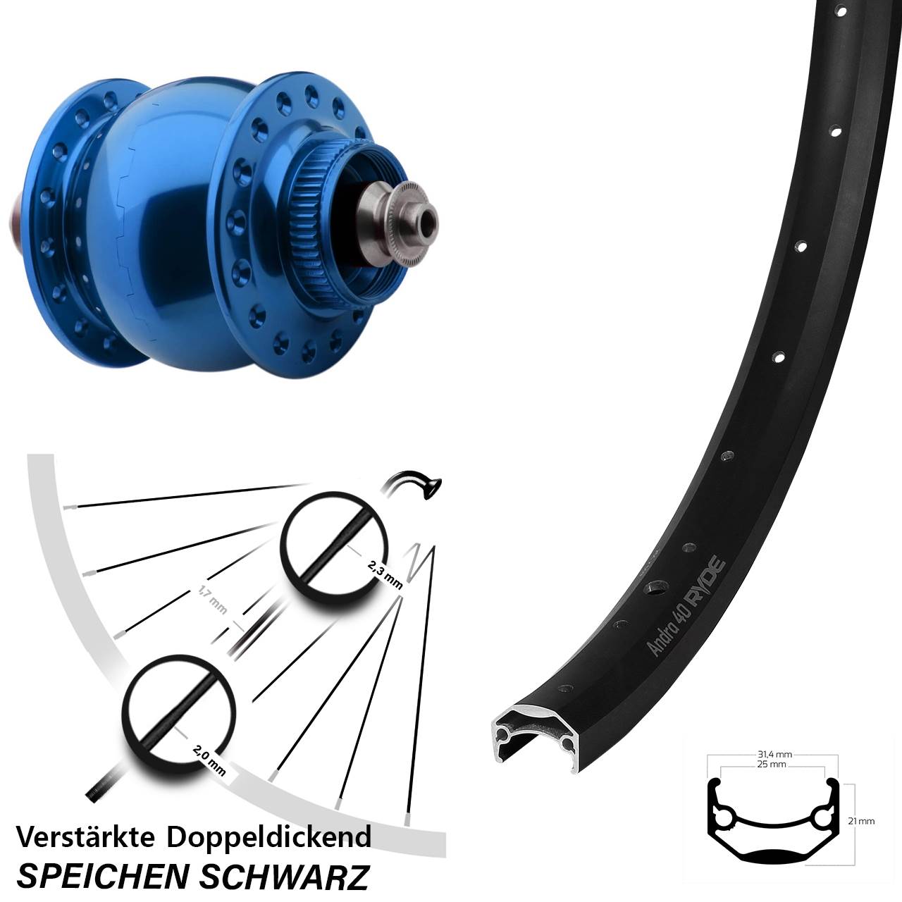 Nabendynamo-Laufrad blauer SON 28 Zoll Ryde Andra 40 Disc QR
