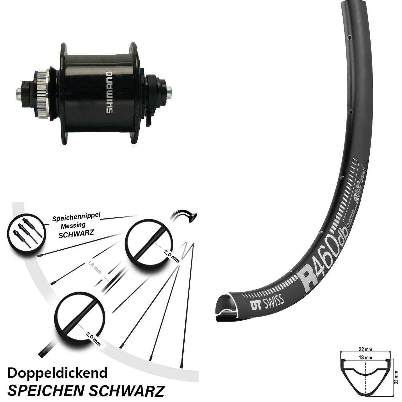 Shimano XT Nabendynamo DT Swiss R 460 DB Scheibenbrems- Fahrrad-Vorderrad 28 Zoll schwarz