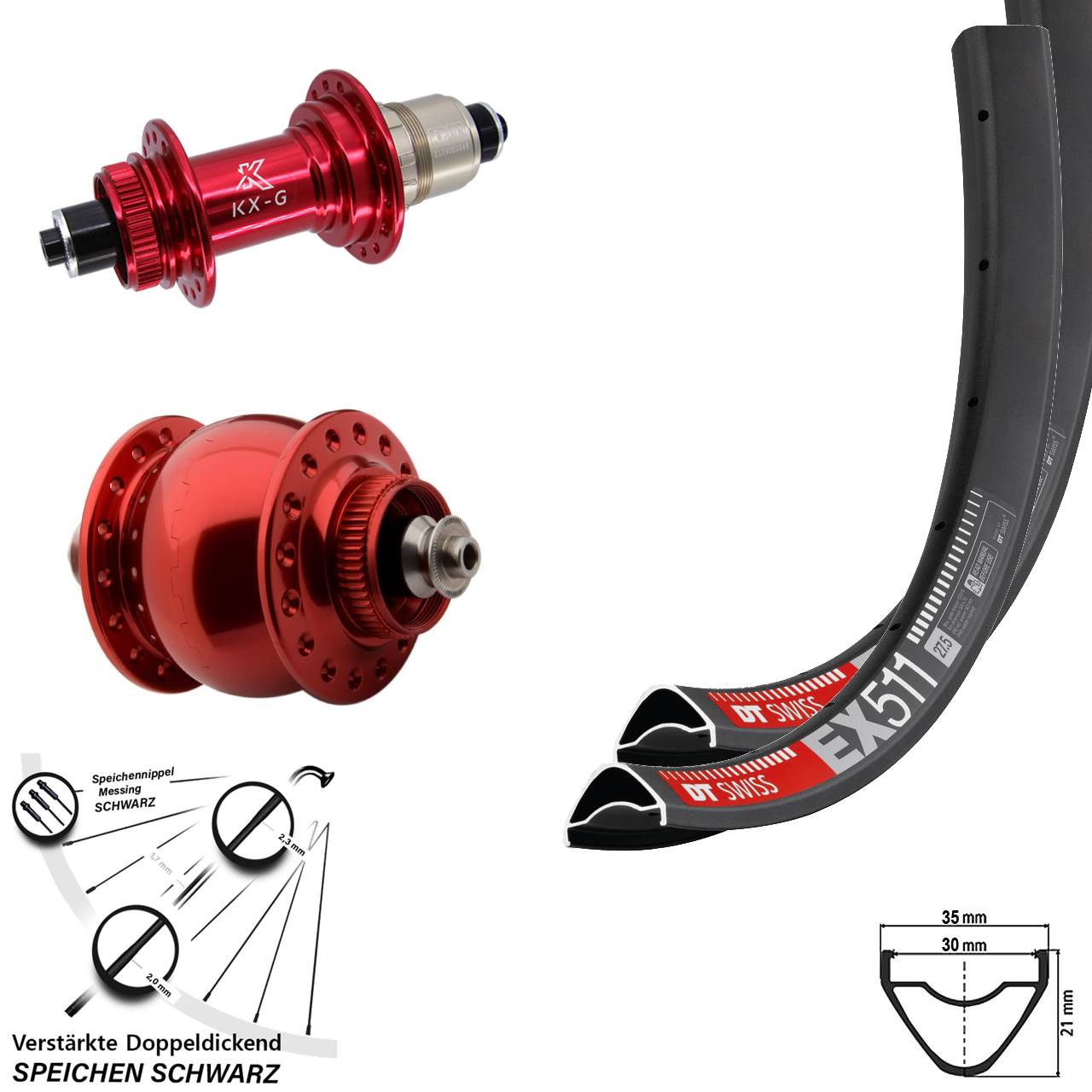 Centerlock Laufradsatz QR 27,5 Zoll DT Swiss EX511 KX-G SON delux rot SRAM XDR