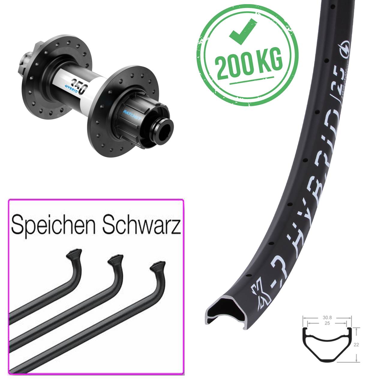 Laufrad 26 Zoll KX-R Hybrid 25 DT Swiss 350 Singlespeed 12x148 6-Loch