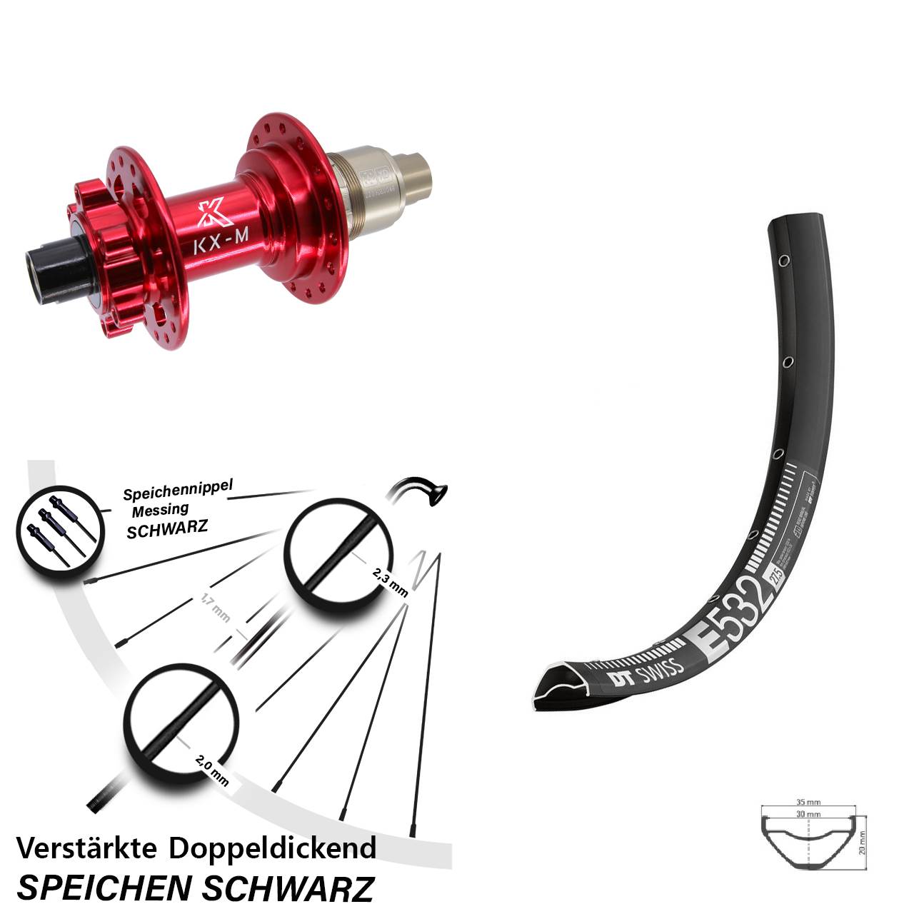 DT Swiss E 532 KX-M rot 27,5 Zoll 6-Loch Hinterrad 12x142 SRAM XD