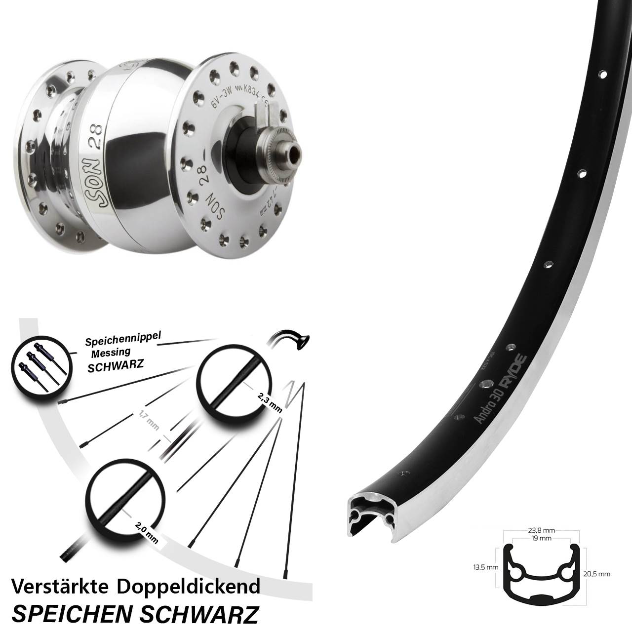 Vorderrad mit Nabendynamo 26 Zoll Ryde Andra 30 SON 28 QR
