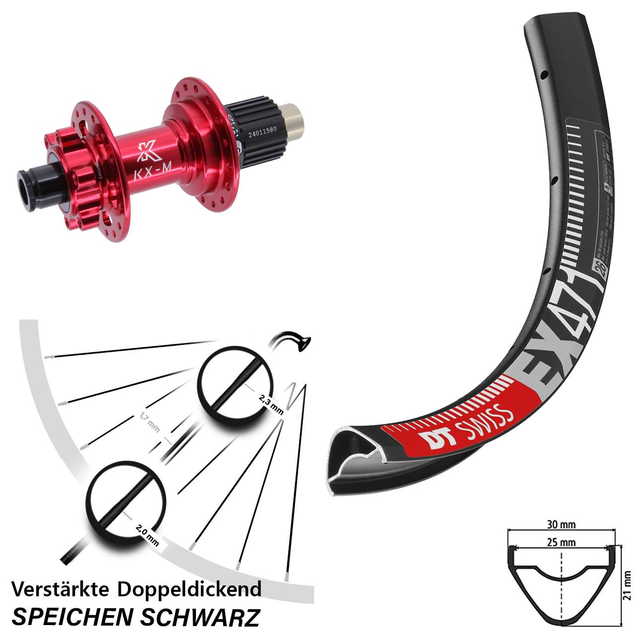 DT Swiss EX 471 KX-M rot 27,5 Zoll Hinterrad 6-Loch 12x142 Micro Spline
