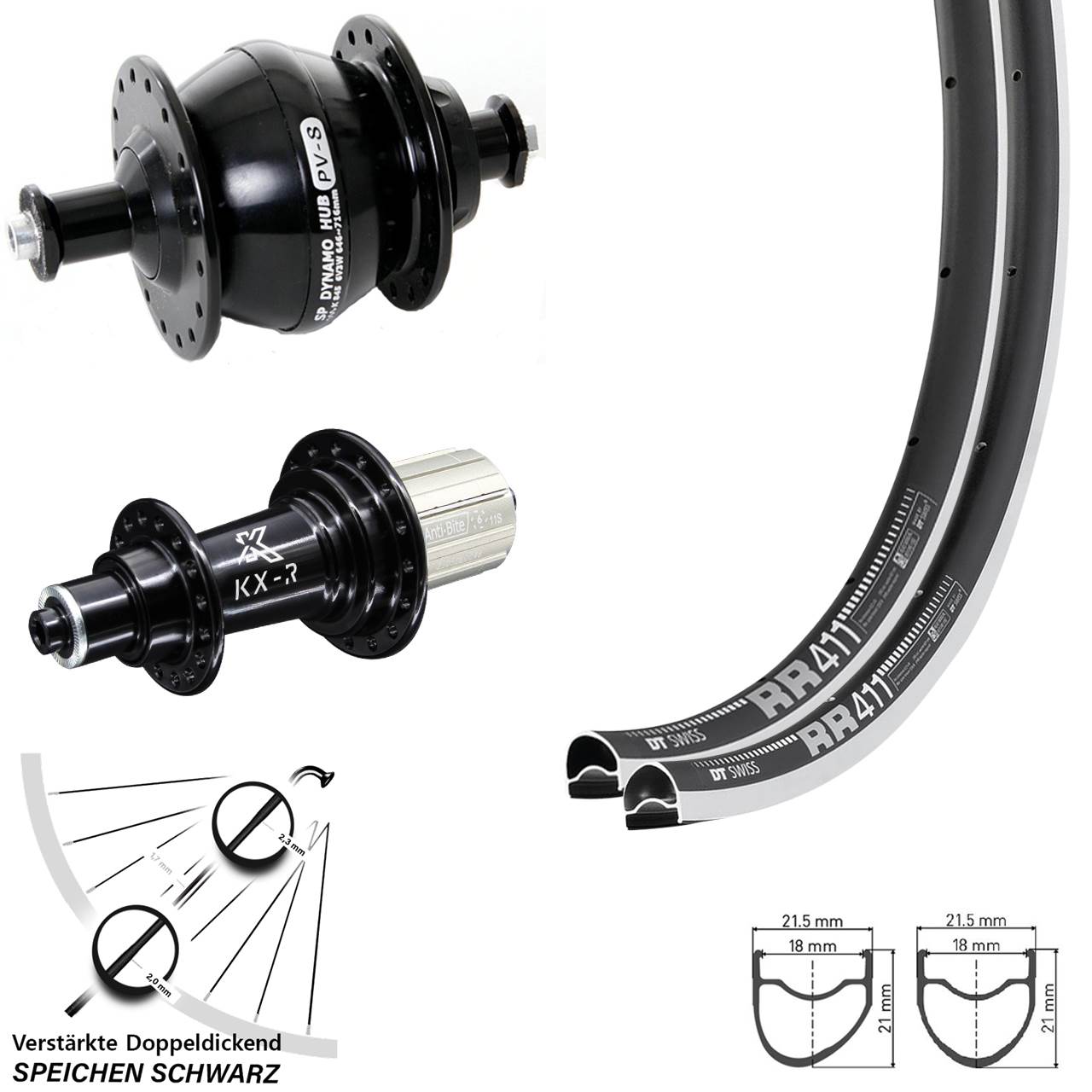 DT Swiss RR411 OS KX-R SP PV-8 28 Zoll Laufradsatz für Schnellspanner 8-12 fach HG