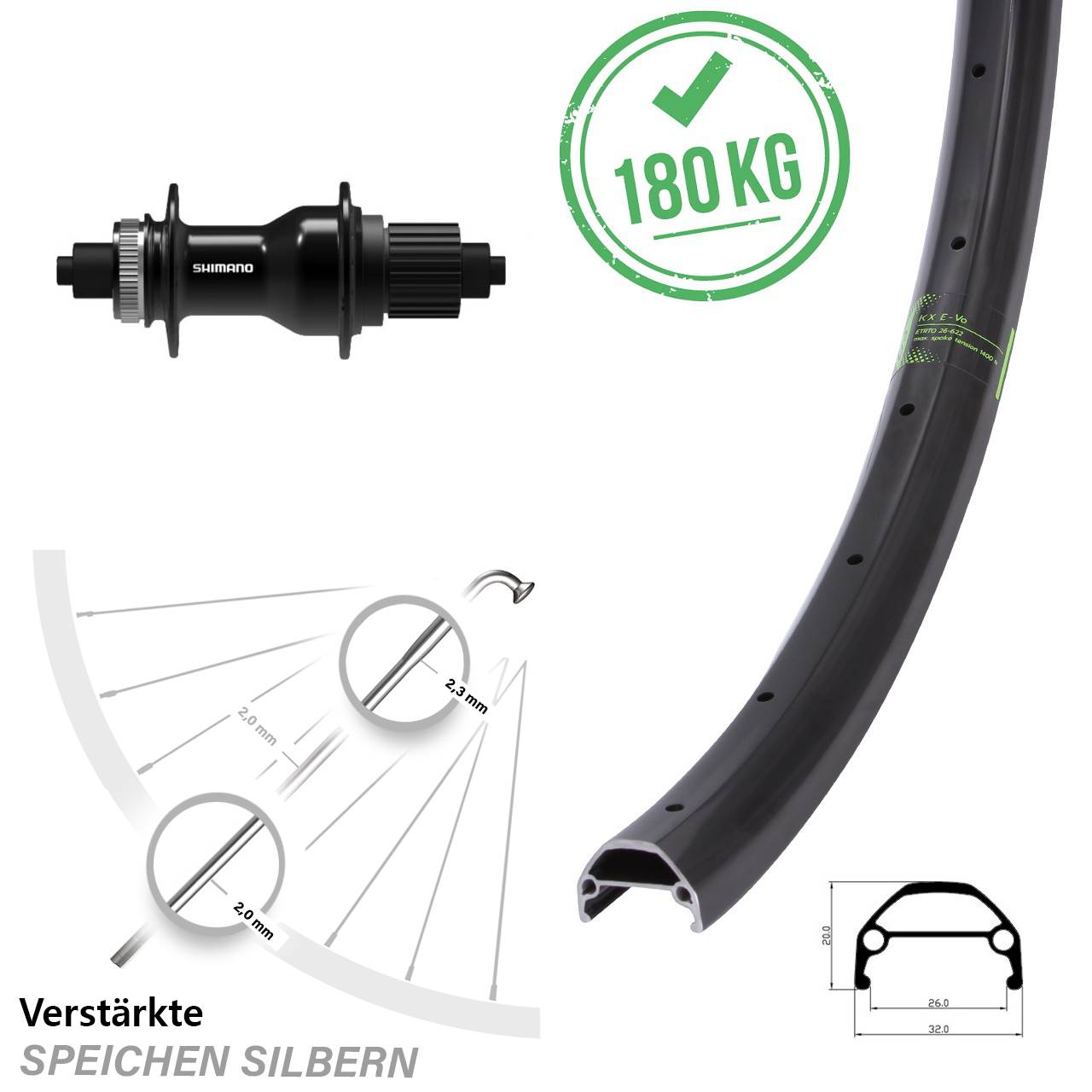 26 Zoll KX Evo Shimano FH-QC500 Disc Laufrad QR Shimano Micro Spline