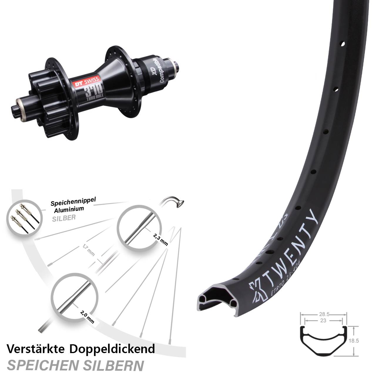 20 Zoll Hinteres Rad KX Twenty verstärkt DT Swiss 370 6-Loch Sram XD Schnellspanner