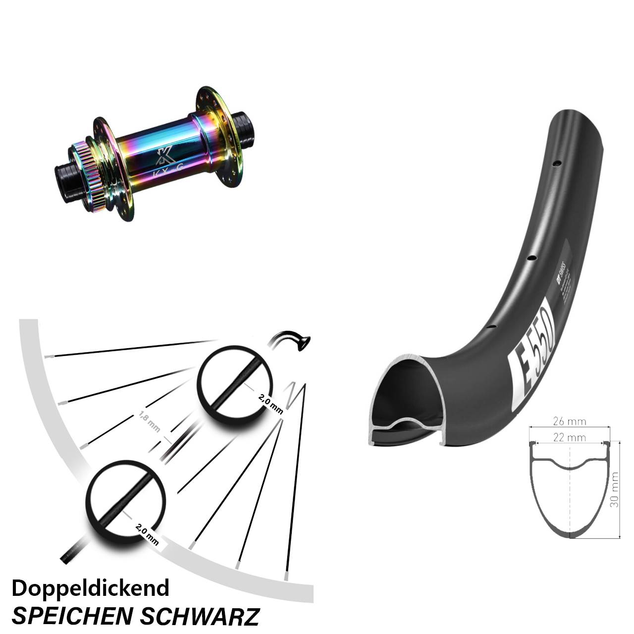 28 Zoll DT Swiss E 550 KX-G Oilslick Vorderrad Centerlock 12x100