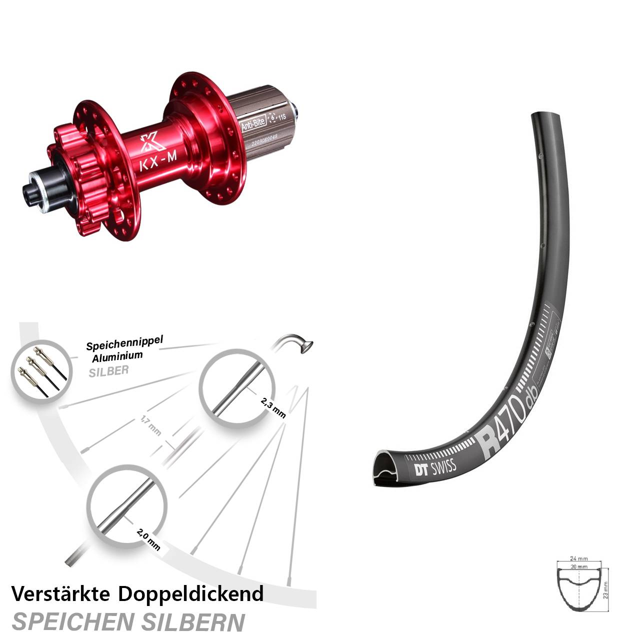 6-Loch Hinterrad 28 Zoll DT Swiss R 470 KX-M rot 8-12 fach QR