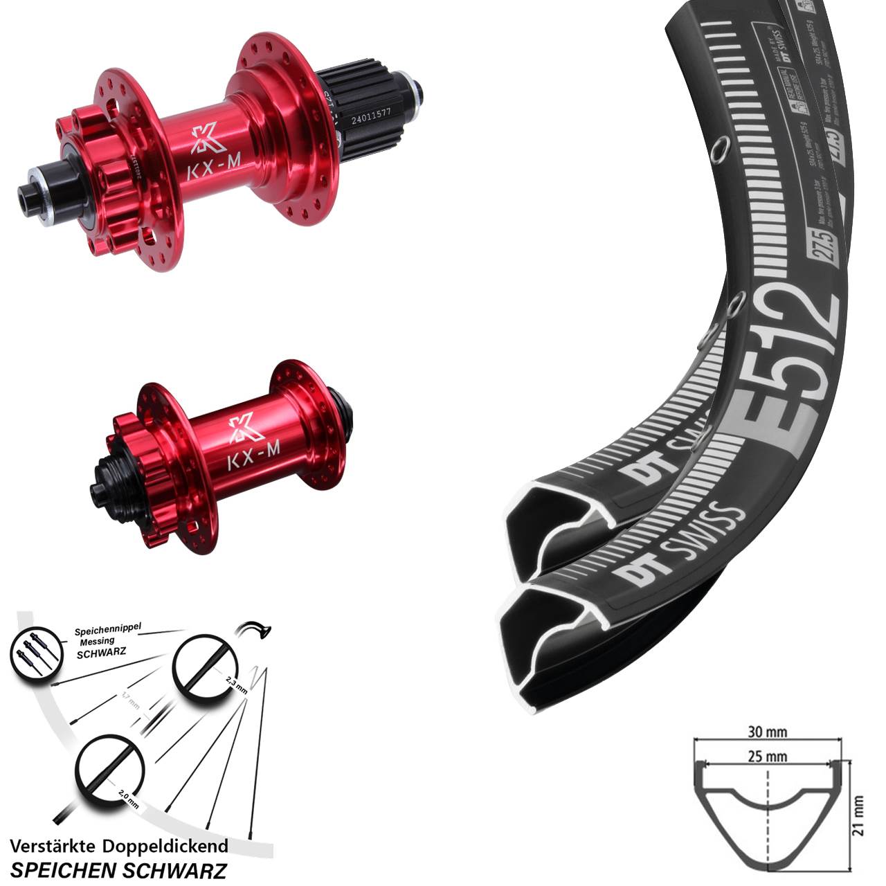 DT Swiss E 512 KX-M rot 27,5 Zoll Disc Laufrad-Satz QR Shimano Micro Spline