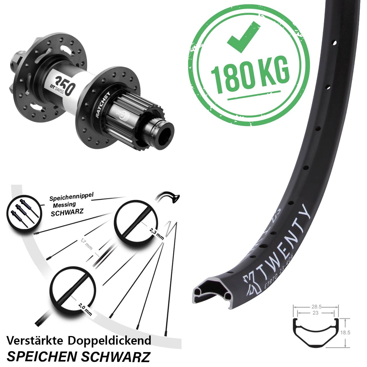 20 Zoll KX Twenty DT Swiss 350 Ratchet 36 Boost 6-Loch Hinterrad 12x148 Micro Spline