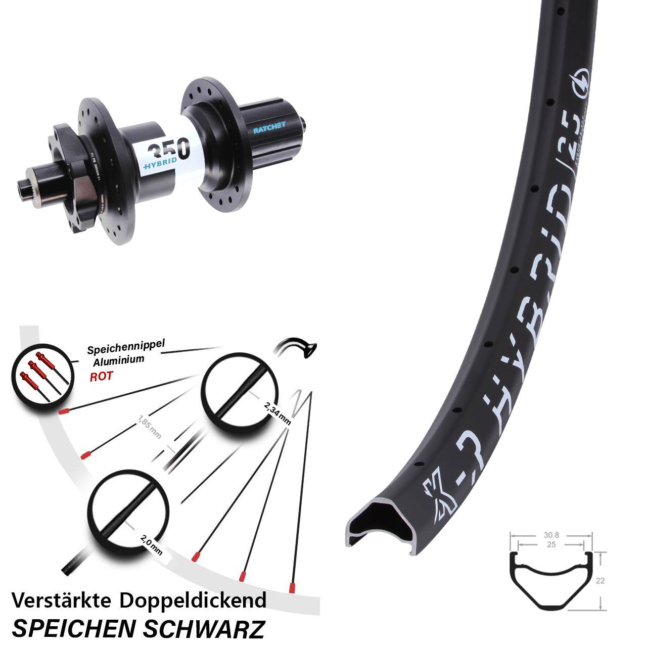 28-29 Zoll KX-R Hybrid 25 DT Swiss 350 Hinterrad QR 8-11 fach HG