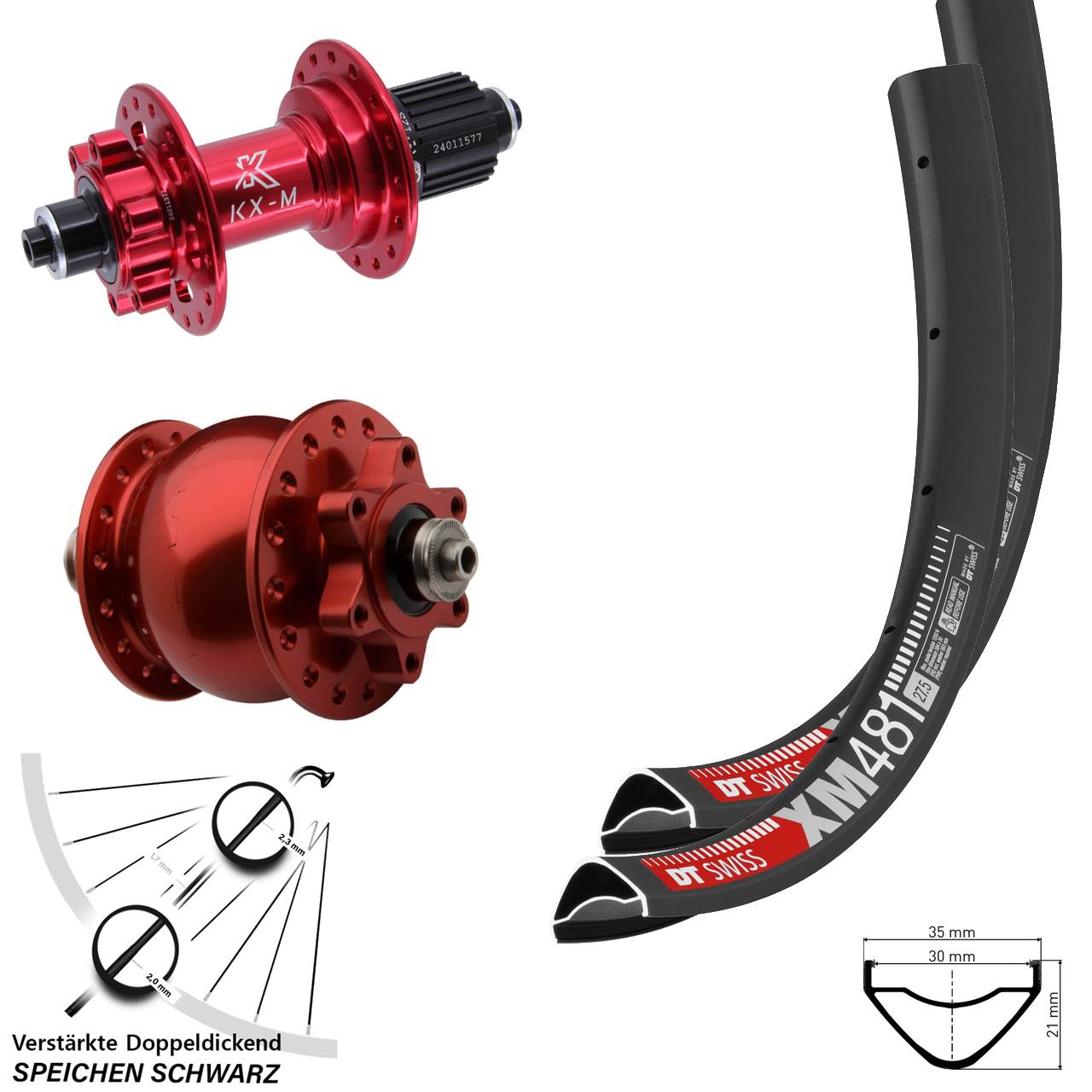 27,5 Zoll DT Swiss XM481 KX-M rot SON 28 Disc Laufradsatz für Schnellspanner Micro Spline
