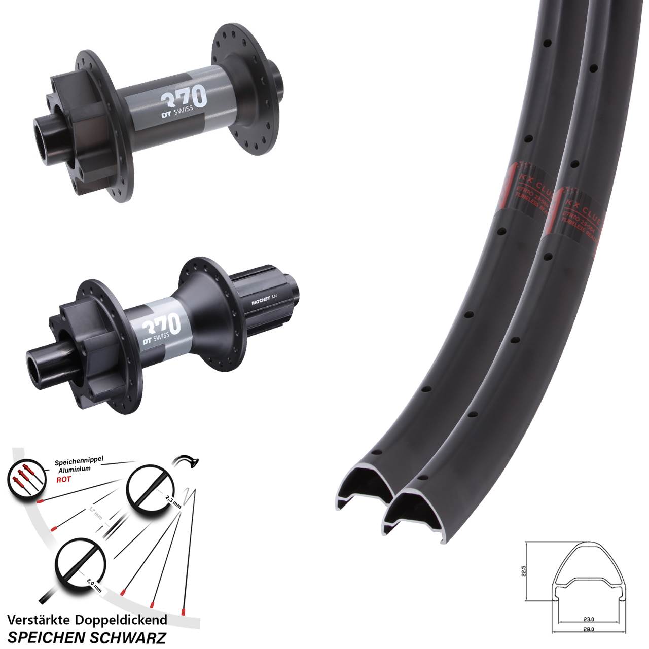 KX Clue DT Swiss 370 28 Zoll Laufradsatz 6-Loch 15x110 12x148 Boost 8-11 fach HG