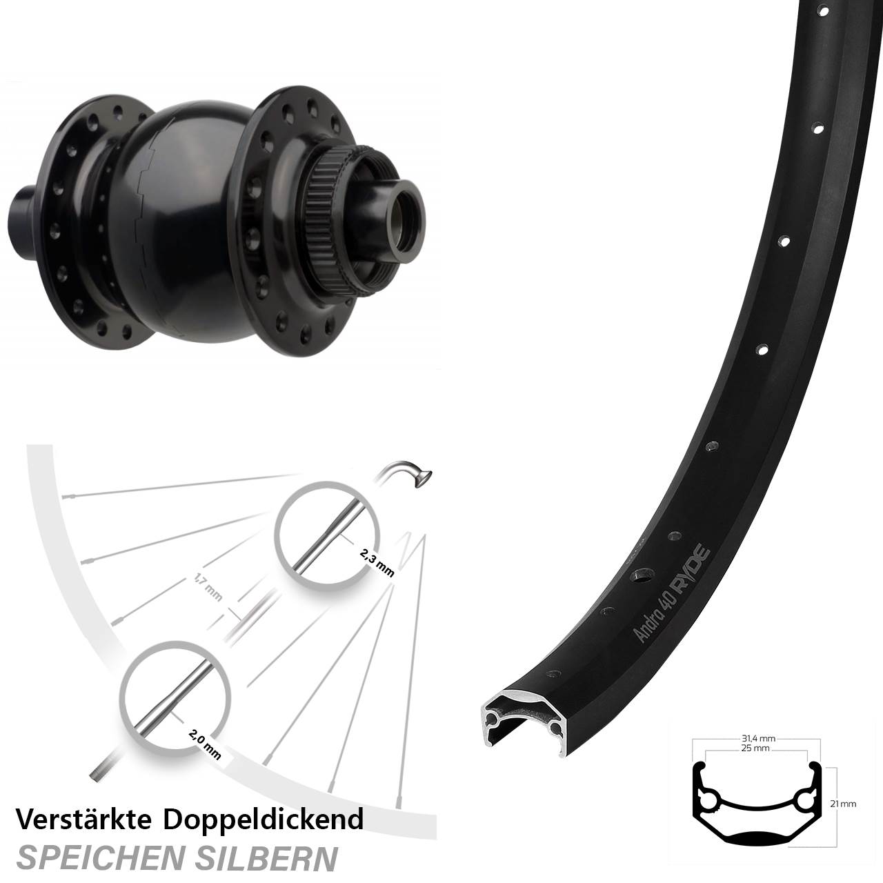 Centerlock Vorderrad mit Dynamo 20 Zoll Ryde Andra 40 SON 28 15x110 Boost