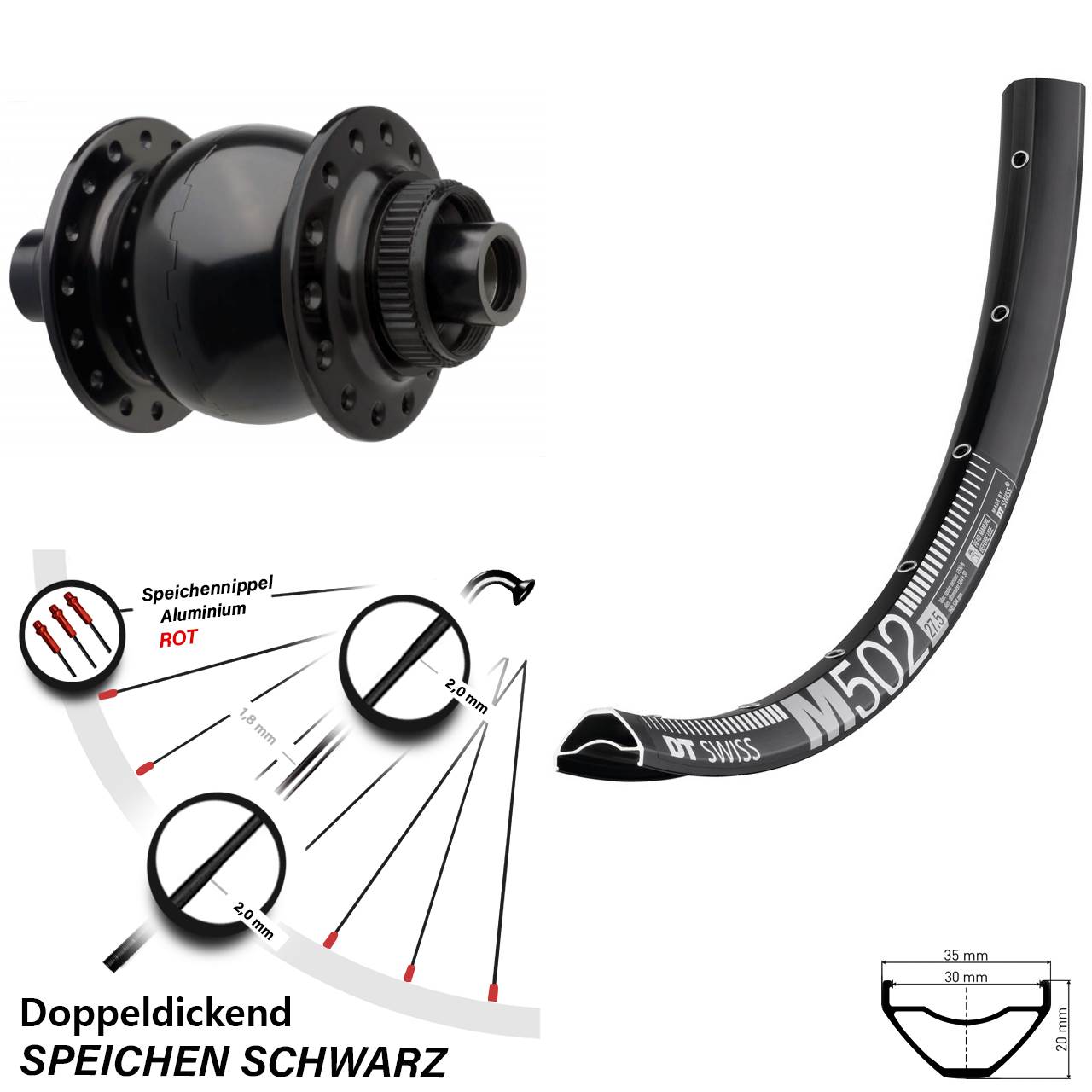 27,5 Zoll DT Swiss M502 SON 28 Dynamo-Vorderrad Centerlock 15x110 Boost