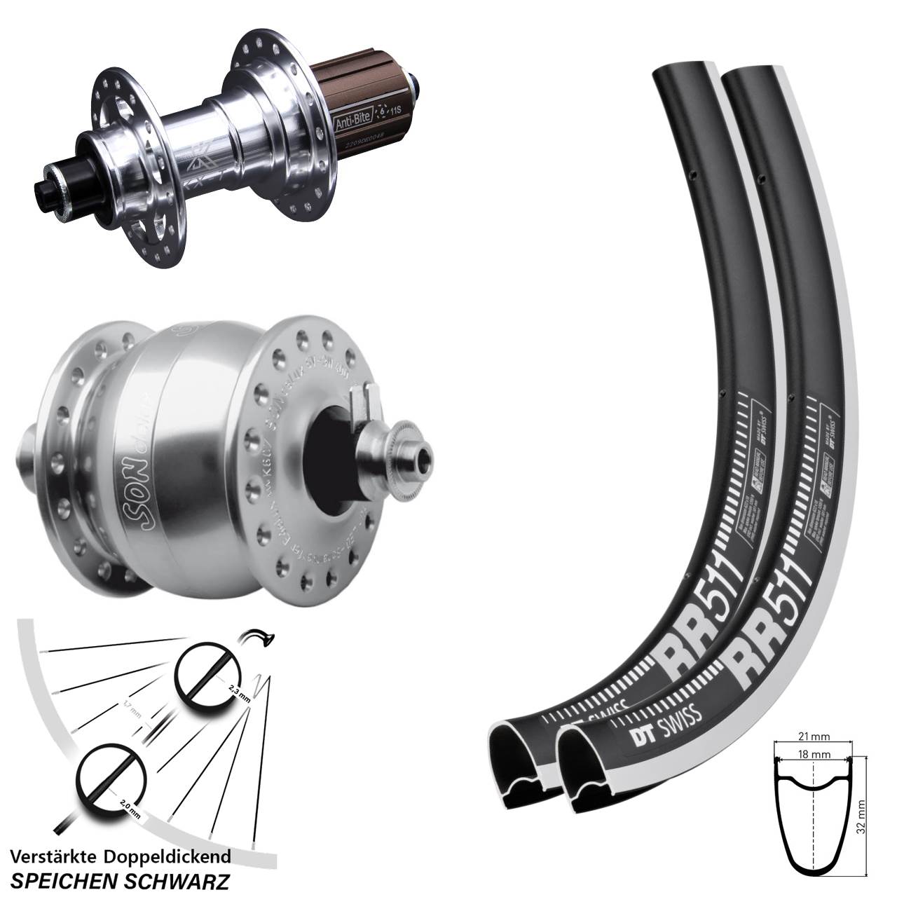 28 Zoll DT Swiss RR511 KX-T SON delux Laufradsatz QR 8-12 fach HG