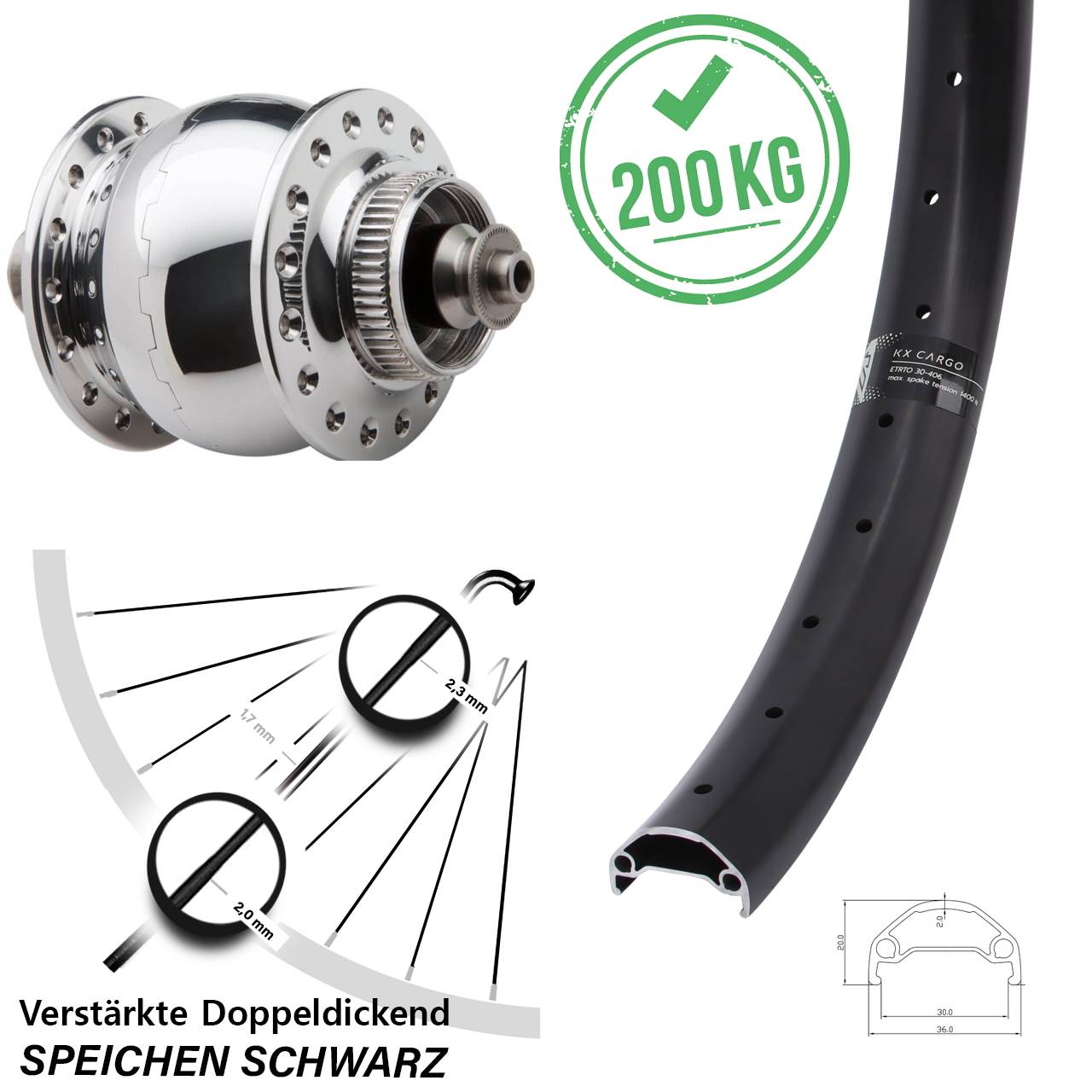 Vorderrad 20 Zoll KX Cargo 30-406 SON 28 Centerlock
