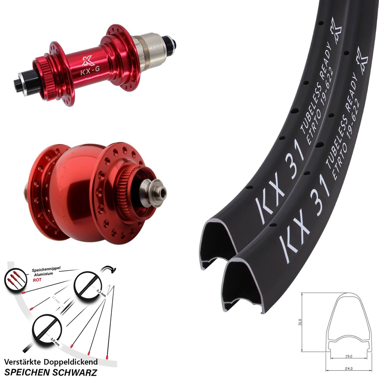 28 Zoll KX-G31 rot SON delux Disc Laufradsatz QR XDR 11-12 fach