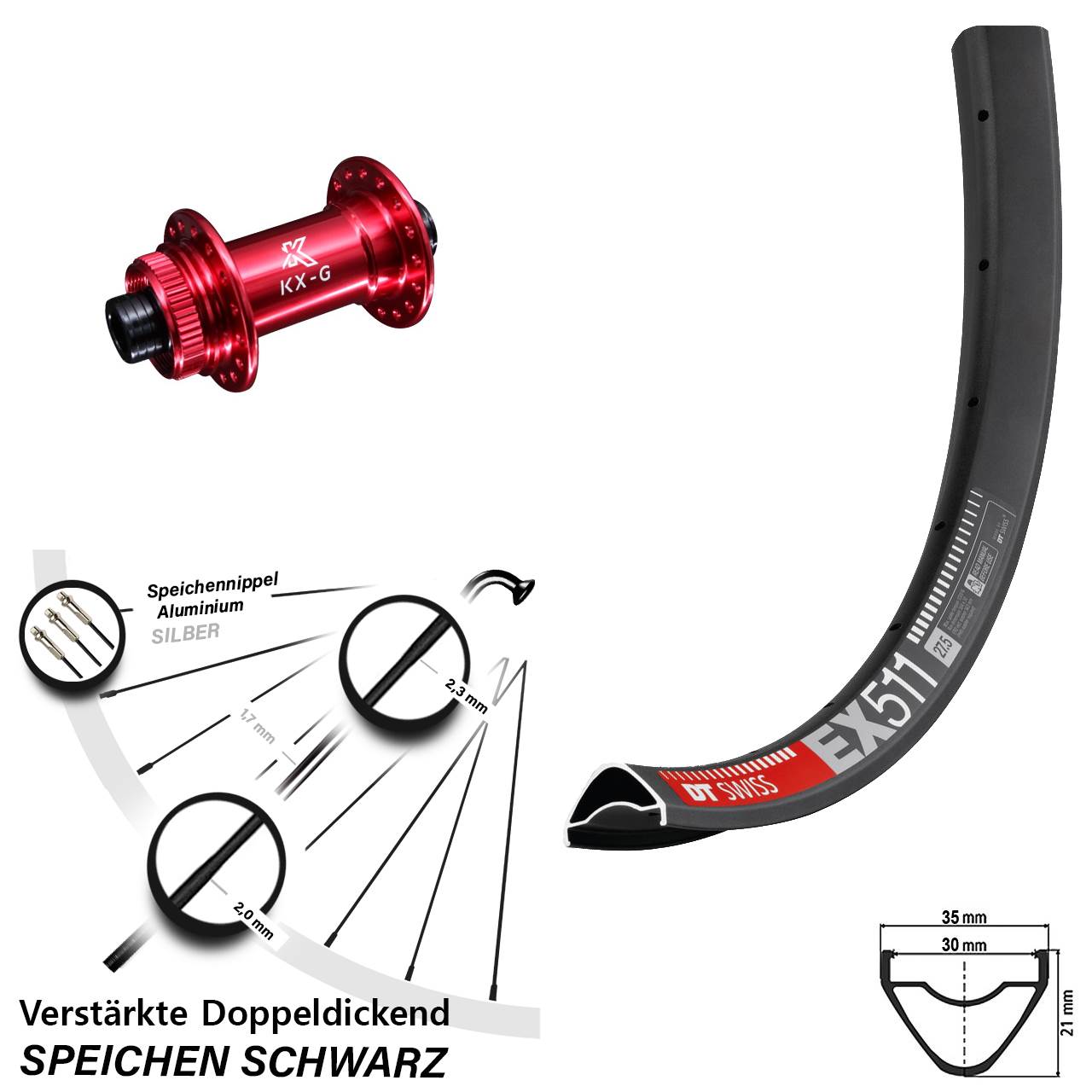 Vorderrad Centerlock 29 Zoll DT Swiss EX 511 KX-G rot 15x100