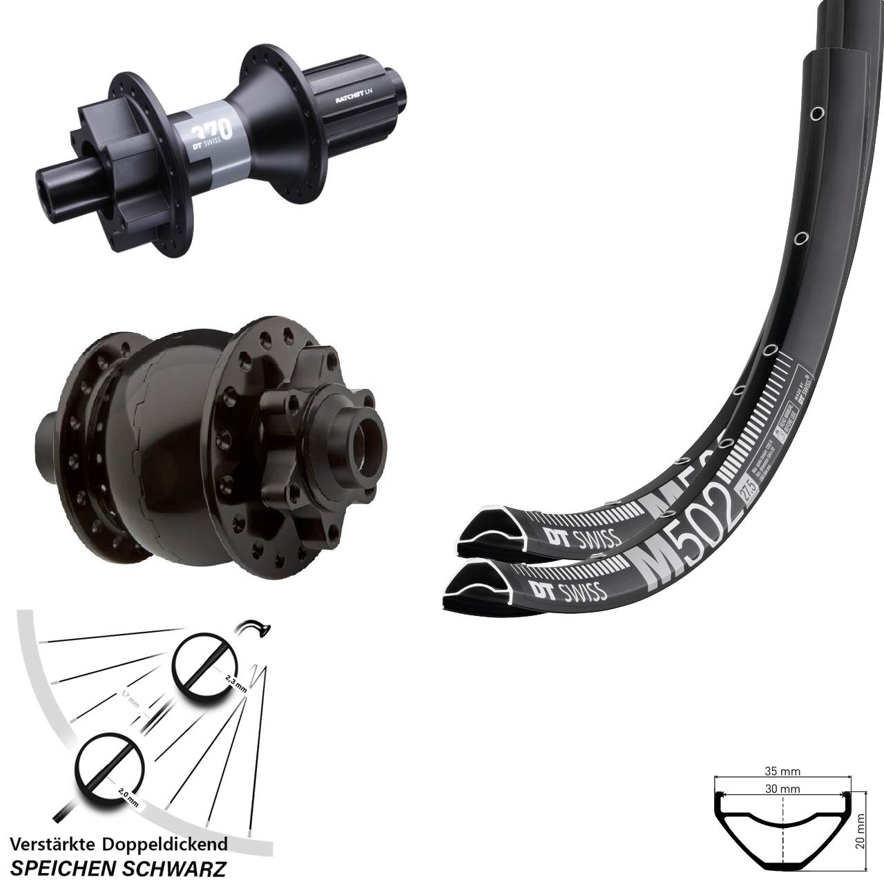 Laufradsatz 6-Loch 27,5 Zoll DT Swiss M 502-370 SON 28 8-11 fach HG 15x100 12x142