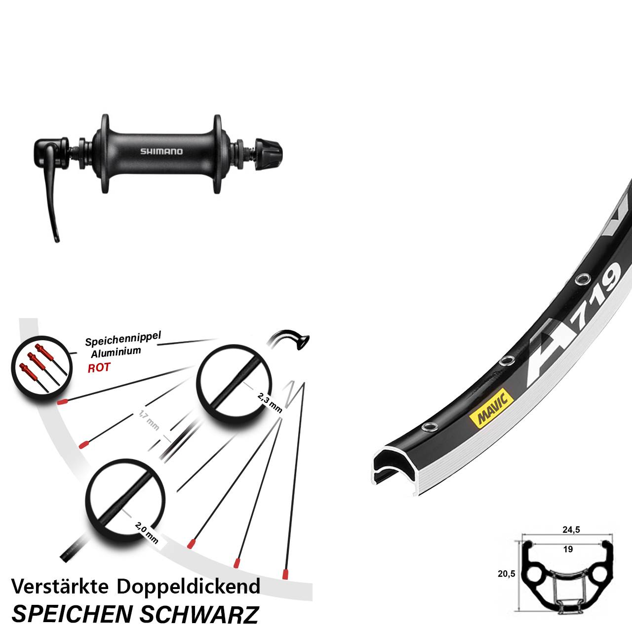 28 Zoll Mavic A719 Shimano T3000 Vorderrad für Schnellspanner