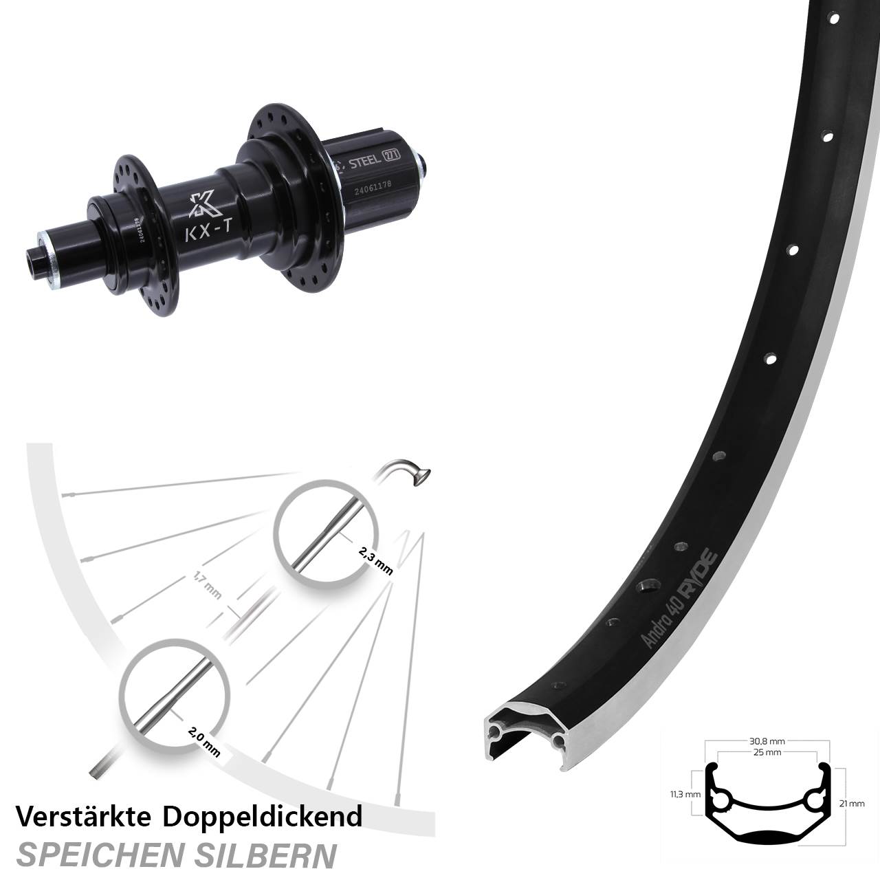 Hinterrad 20 Zoll Ryde Andra 40 KX-TS 8-12 fach HG für Schnellspanner