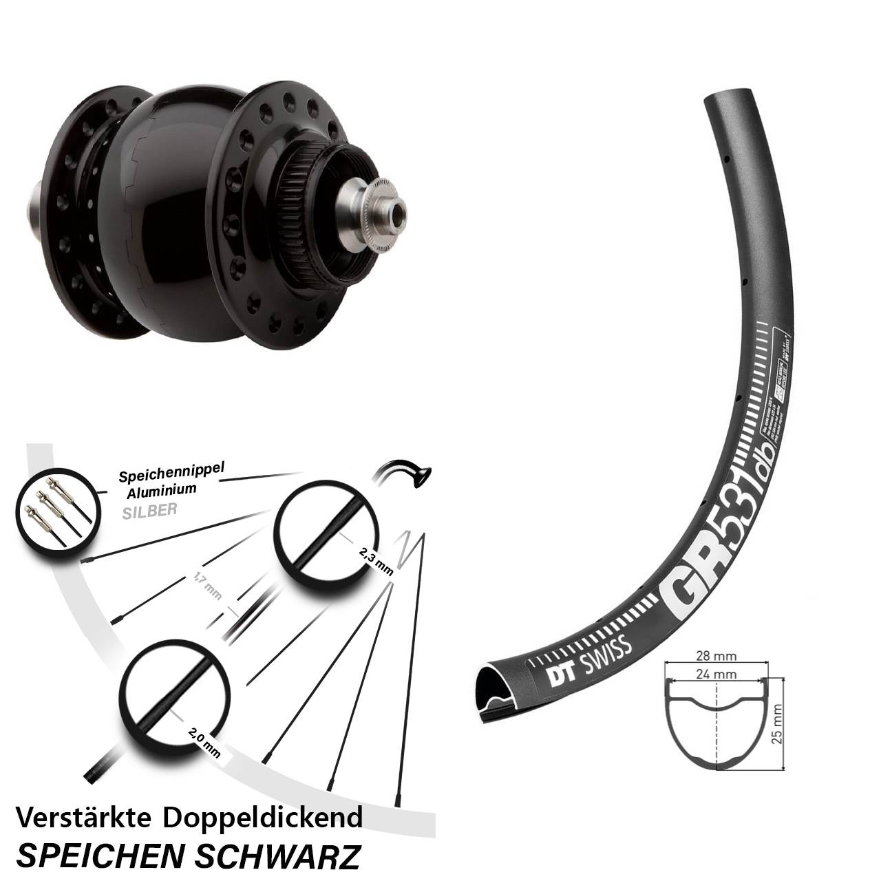 Disc Laufrad mit Nabendynamo QR DT Swiss GR 531 SON 28 Zoll