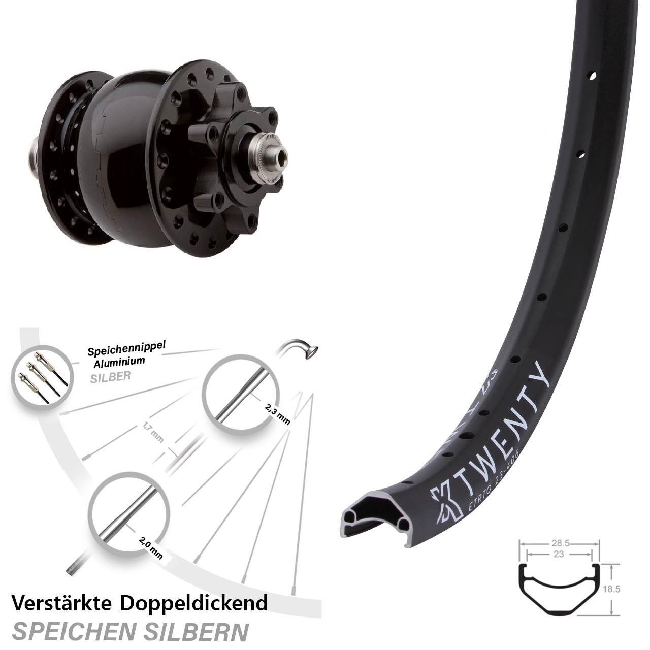 Vorderrad Nabendynamo SON 28 schwarz KX Twenty 20 Zoll 6-Loch verstärkt