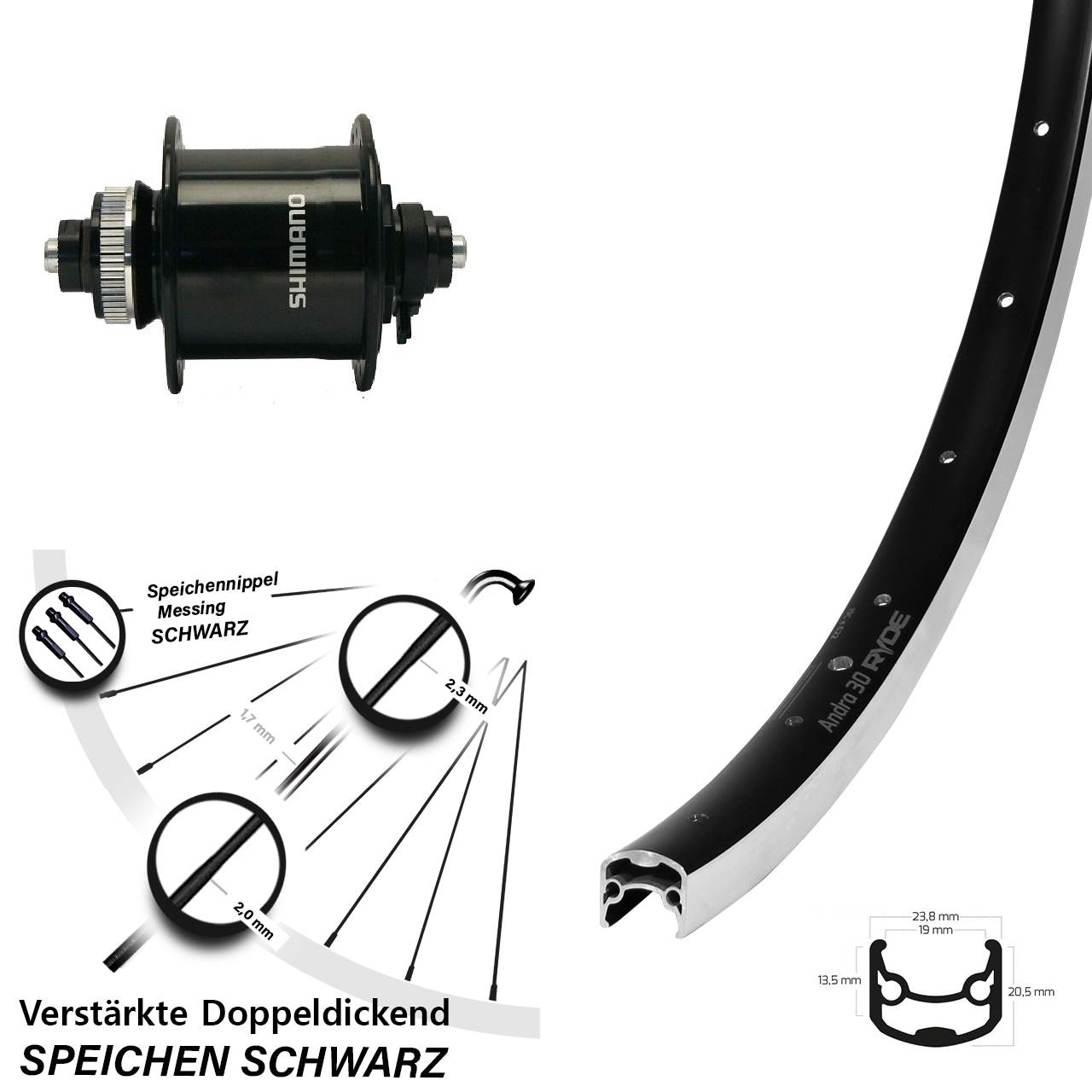 28 Zoll Ryde Andra 30 Shimano DH-UR700 Nabendynamovorderrad QR