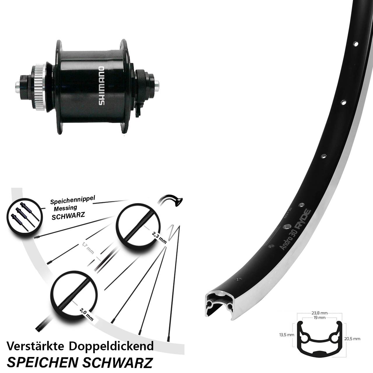 28 Zoll Ryde Andra 30 Shimano DH-UR700 Nabendynamovorderrad QR