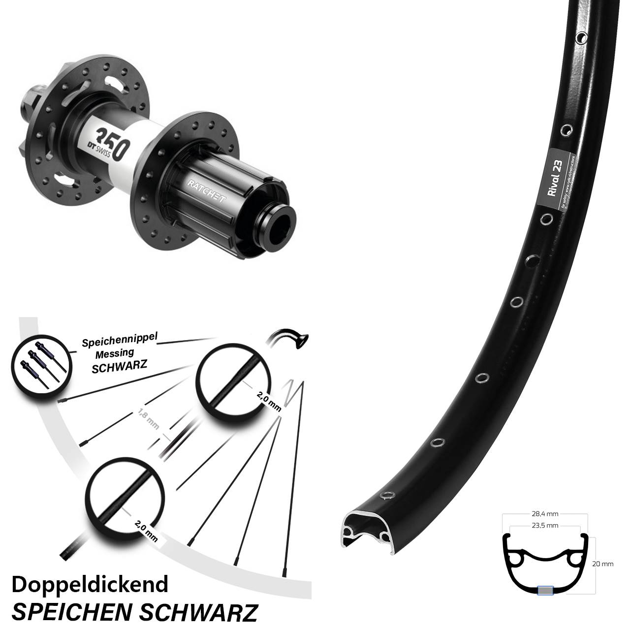 Laufrad 27,5 Zoll Ryde Rival 23 Disc DT Swiss 350 8-11 fach 12x148 6-Loch HG