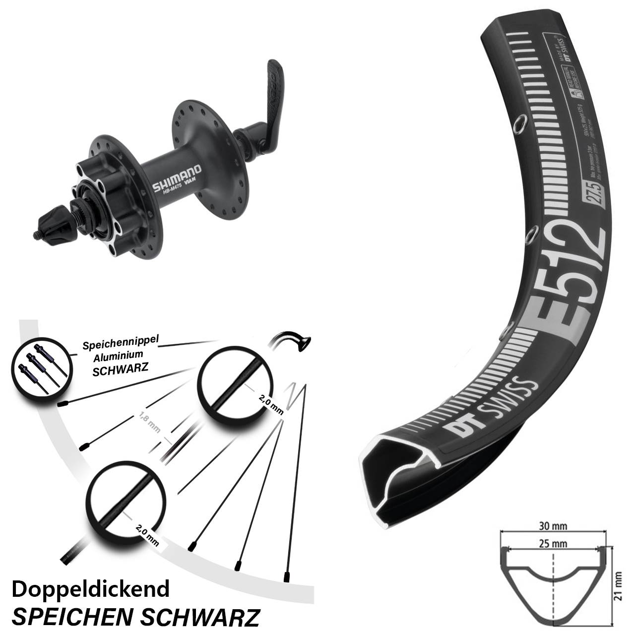 Disc Laufrad 27,5 Zoll DT Swiss E512 Shimano HB-M475 für Schnellspanner