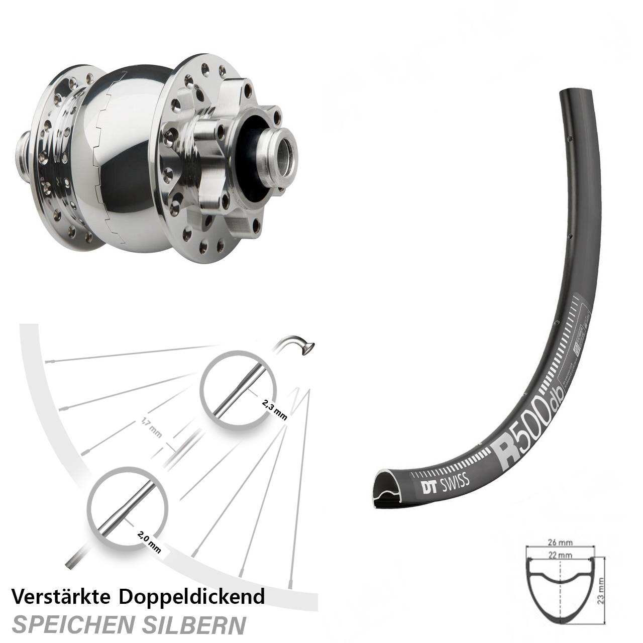 Vorderrad Dynamo DT Swiss R 500 SON 28-12x100 Disc silbern poliert