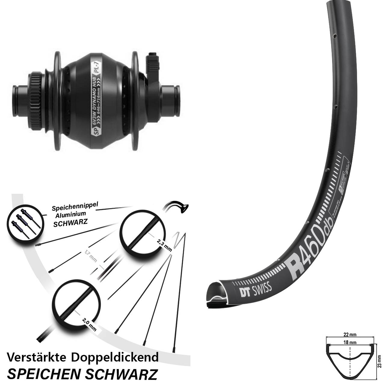 Disc Nabendynamovorderrad 28 Zoll DT Swiss R 460 Shutter PL-7 12x100