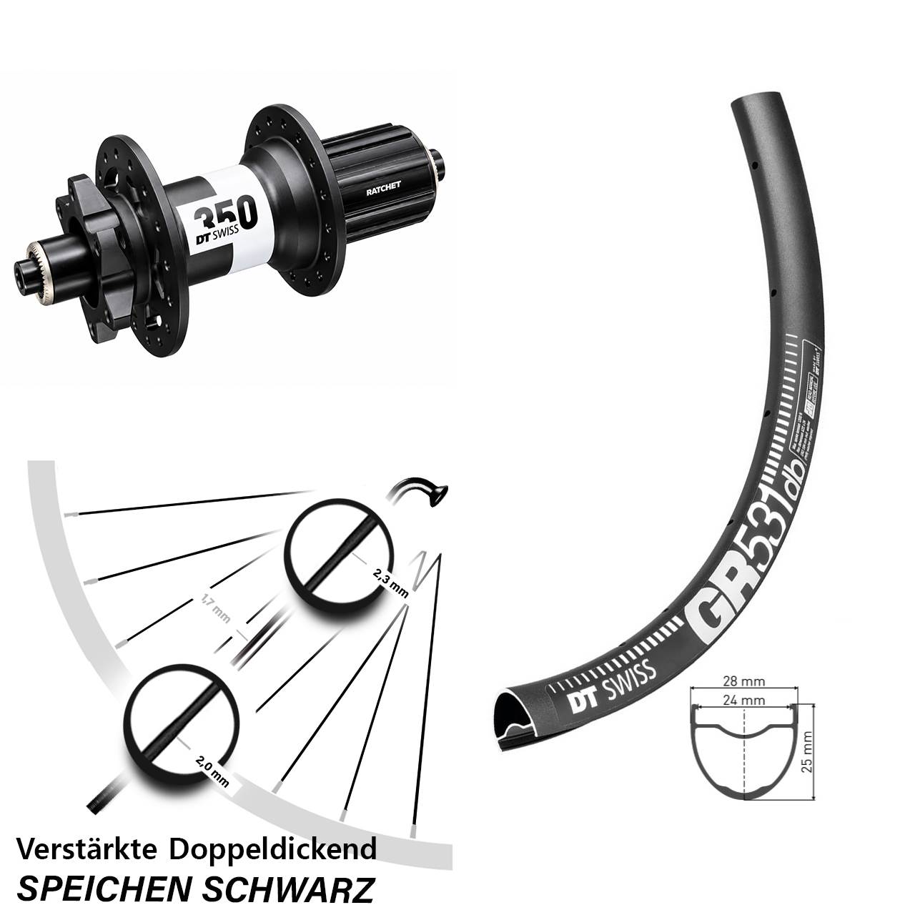 28 Zoll DT Swiss GR531 DT Swiss 350 Ratchet 36 Disc Laufrad für Schnellspanner 8-11 fach