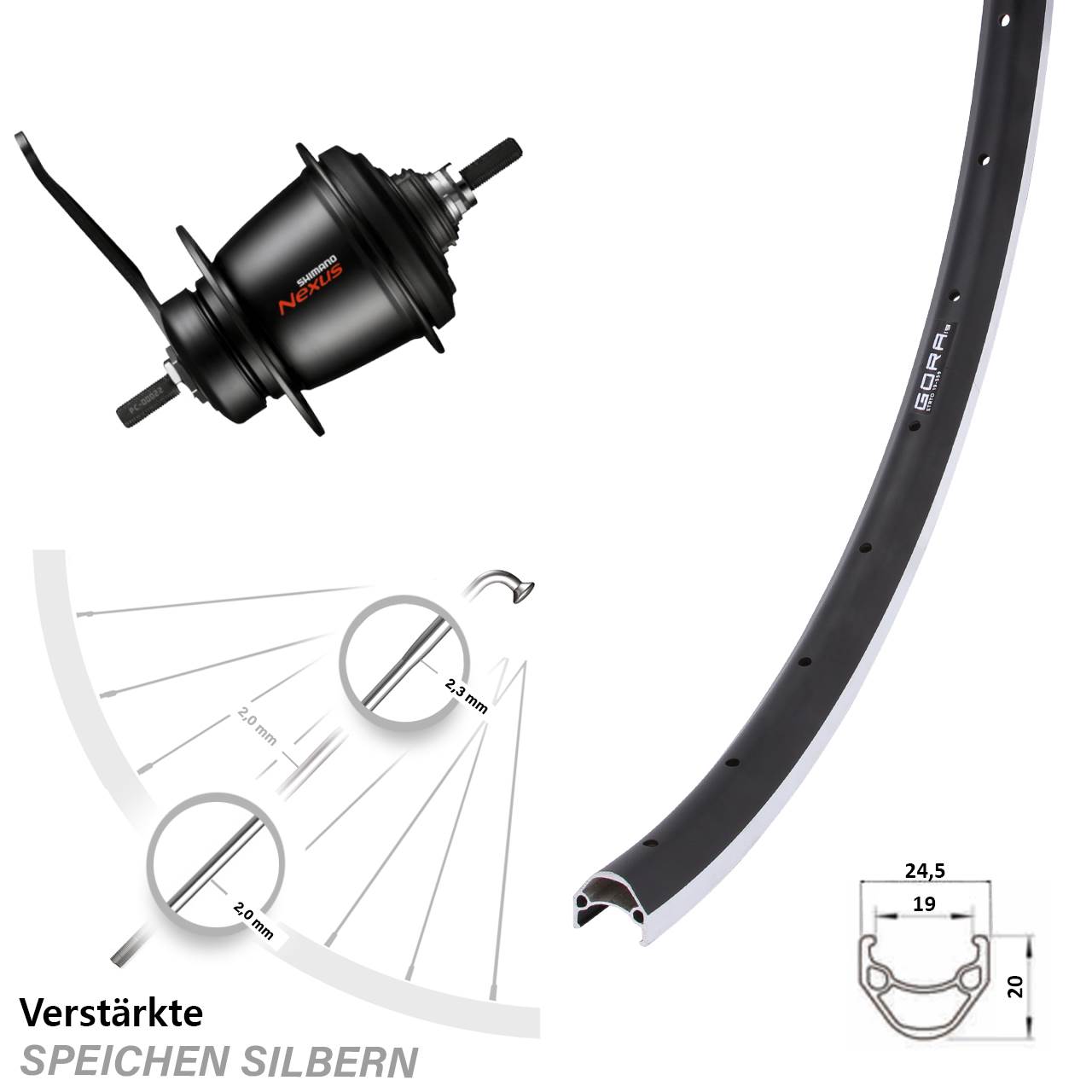 26 Zoll Gora 19 Hinterrad Shimano SG-C3001 7 Gang Rücktritt