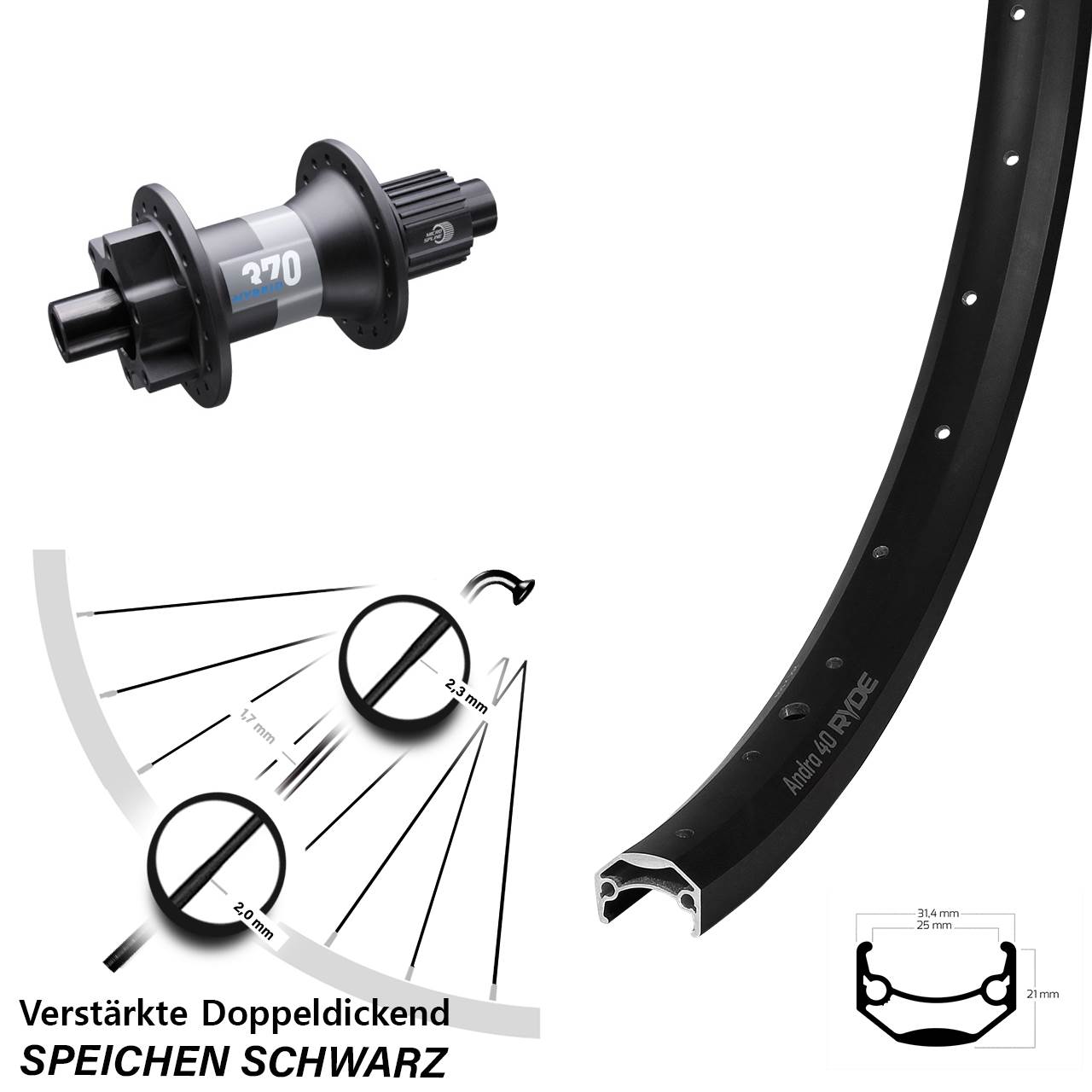 Ryde Andra 40 DT Swiss Hybrid 370 20 Zoll Disc Laufrad 12x148 Micro Spline