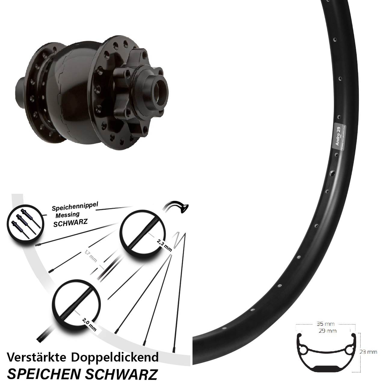 SON 28 Ryde Andra 29 26 Zoll Disc Vorderrad mit Nabendynamo 15x100