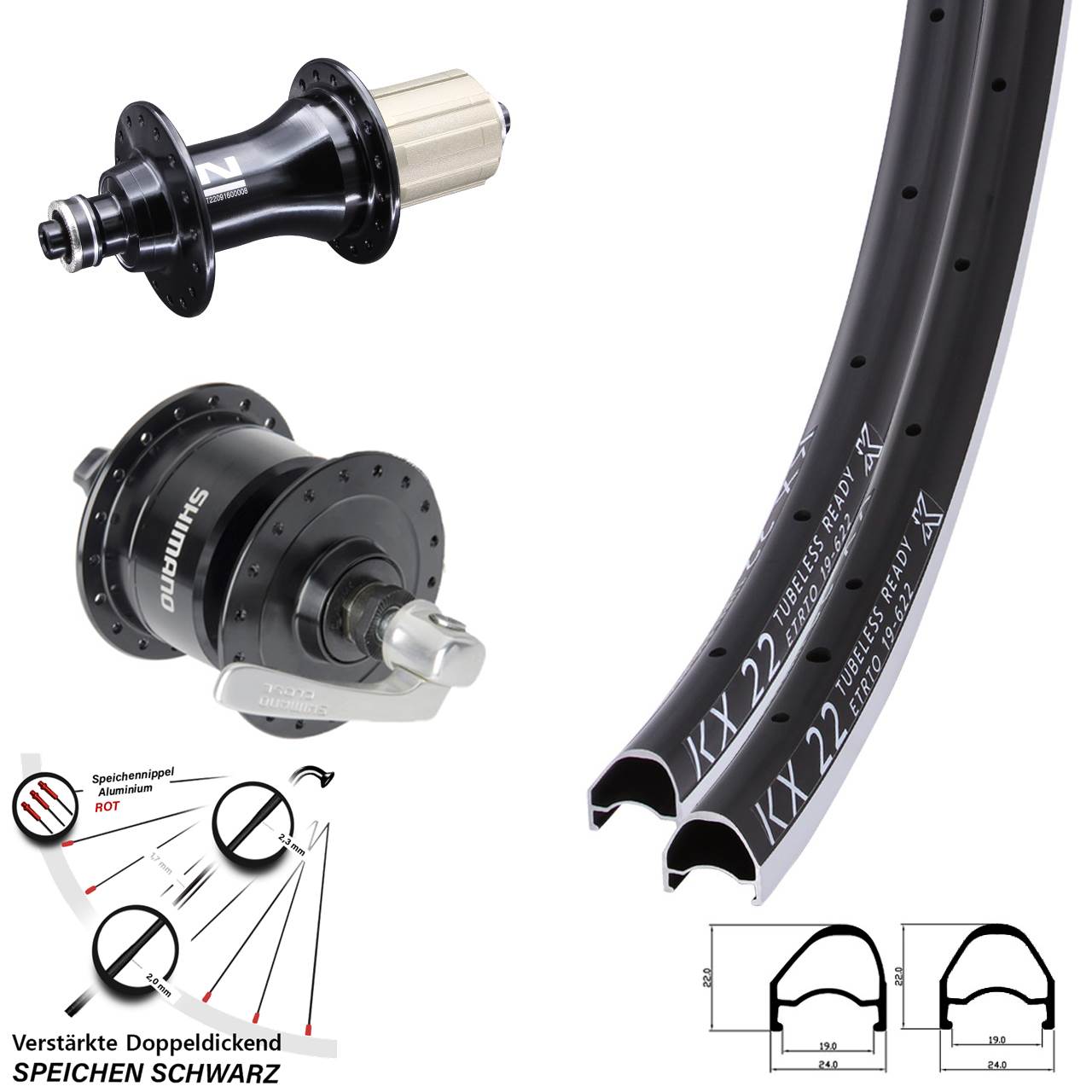 28 Zoll KX 22 OS/22 Felgenbrems-Radsatz 5x100/130 Novatec F162SB Shimano DH-3N72 8-12 fach
