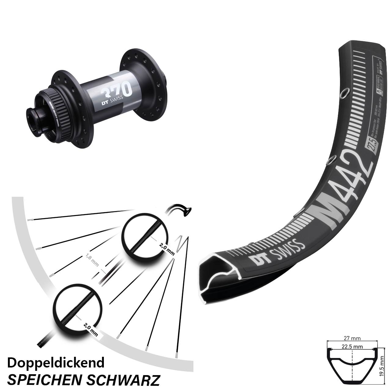 29 Zoll DT Swiss M 442 370 Centerlock Vorderrad 12x100