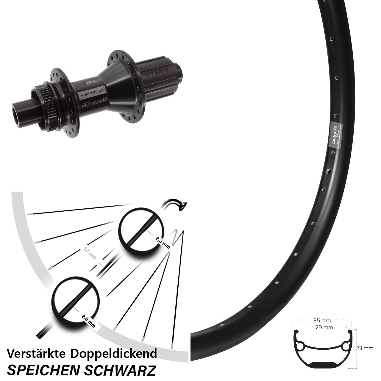 26 Zoll Ryde Andra 29 DT Swiss 370 Hybrid Centerlock Hinterrad 12x142 8-11 fach