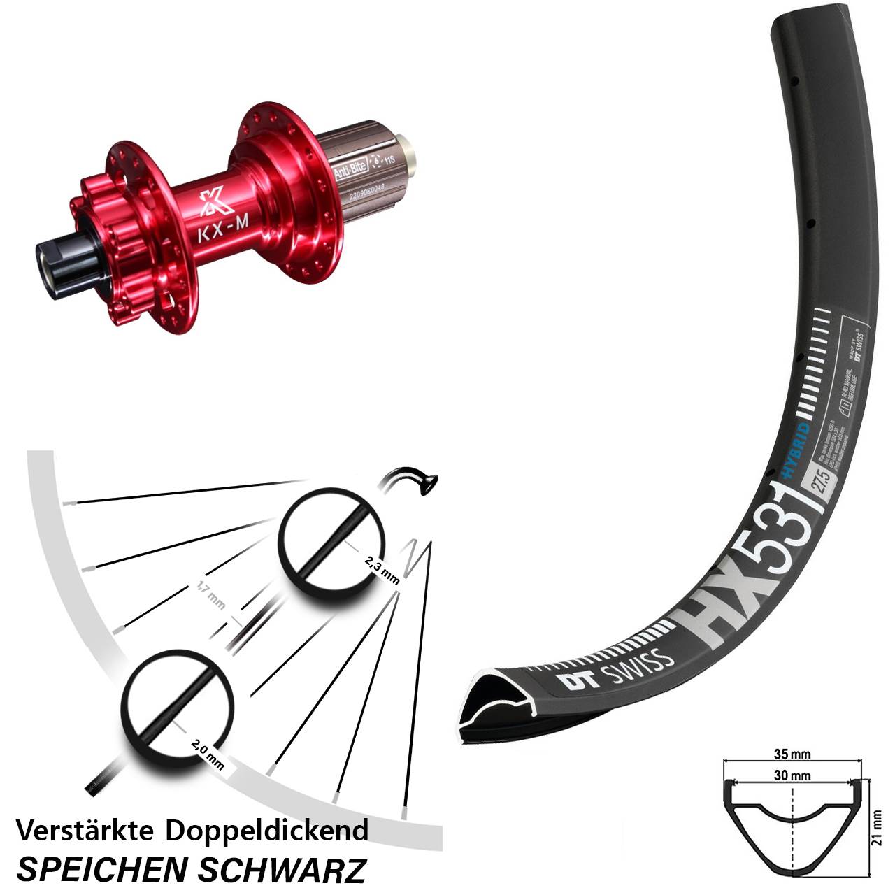 DT Swiss HX531 KX-M rot 29 Zoll Hinterrad 6-Loch 12x142 8-12 fach HG