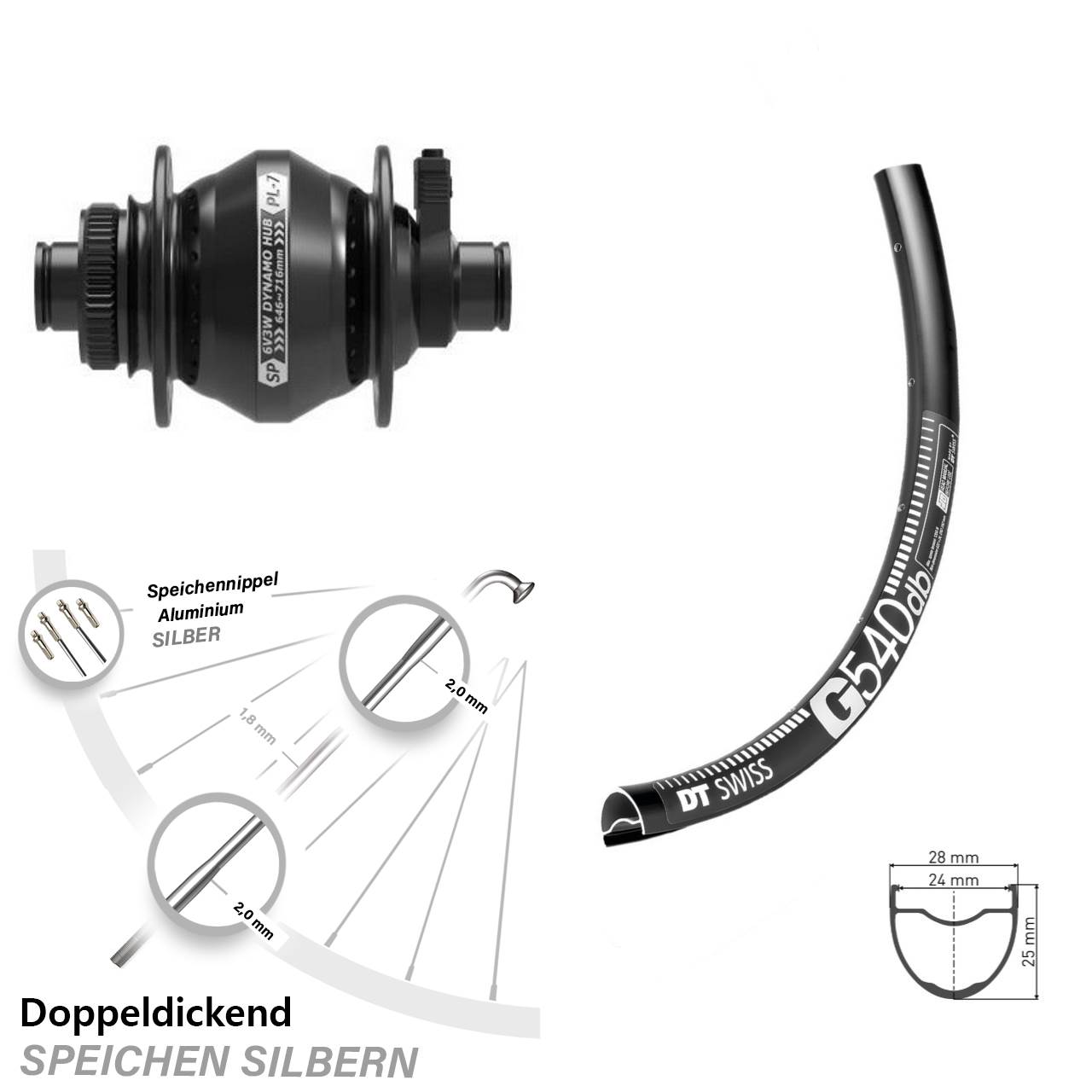 Vorderrad Gravel 28 Zoll Dynamo DT Swiss G 540 Shutter PL-7 Centerlock 12x100 mm