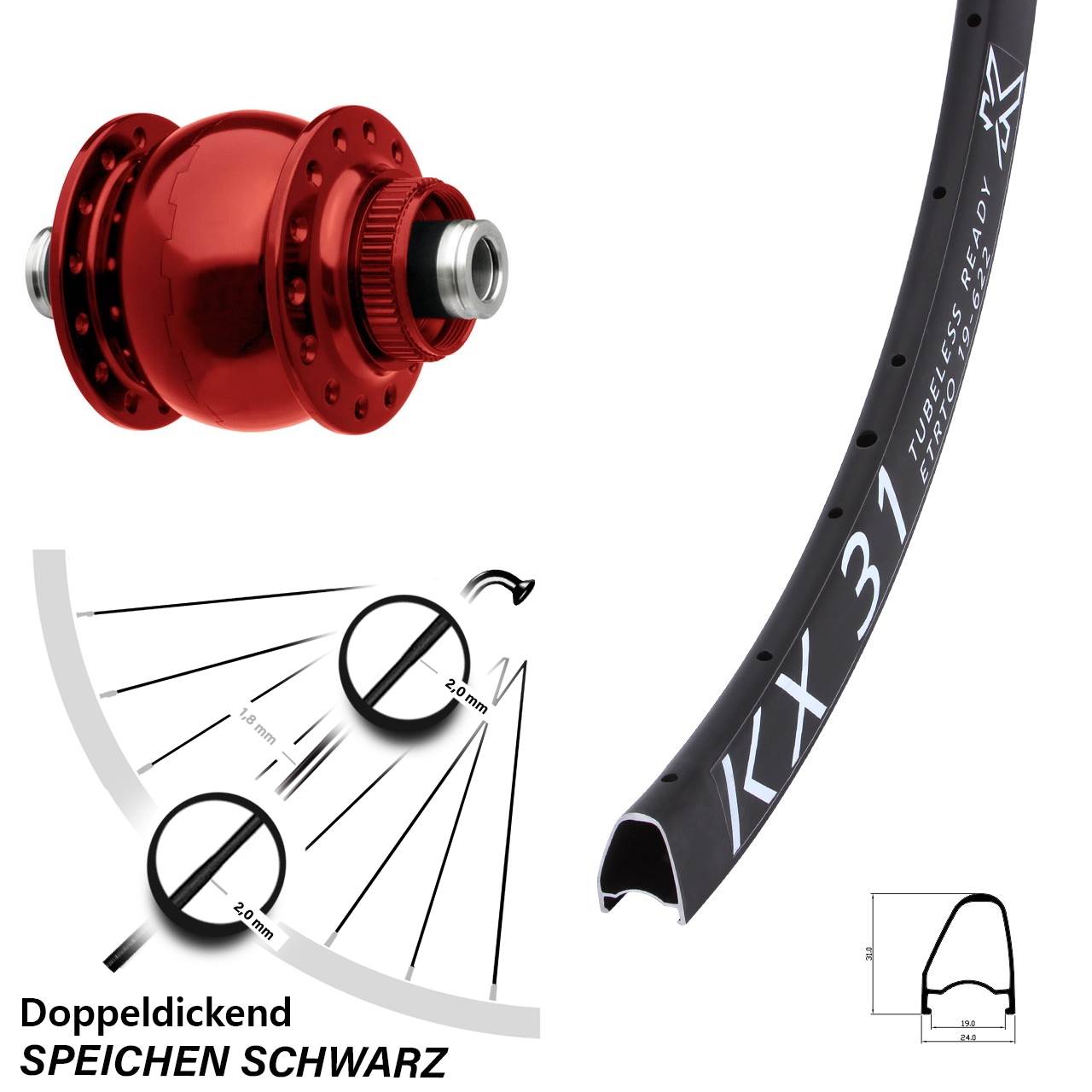 KX31 OS SON 28 Zoll rot Dynamo-Vorderrad Centerlock 12x100