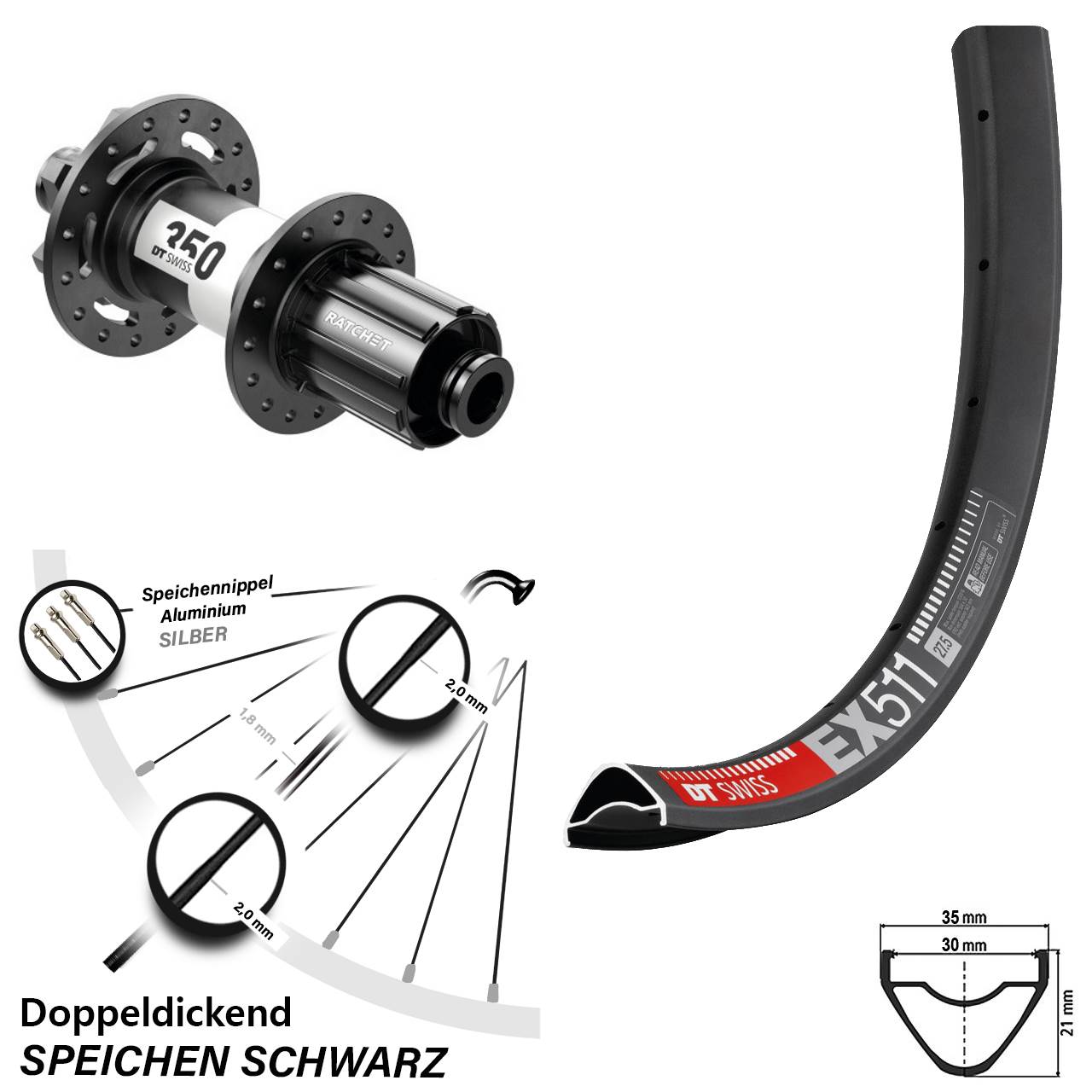 27,5 Zoll Hinterrad DT Swiss EX 511 350 6-Loch 8-11 fach 12x148