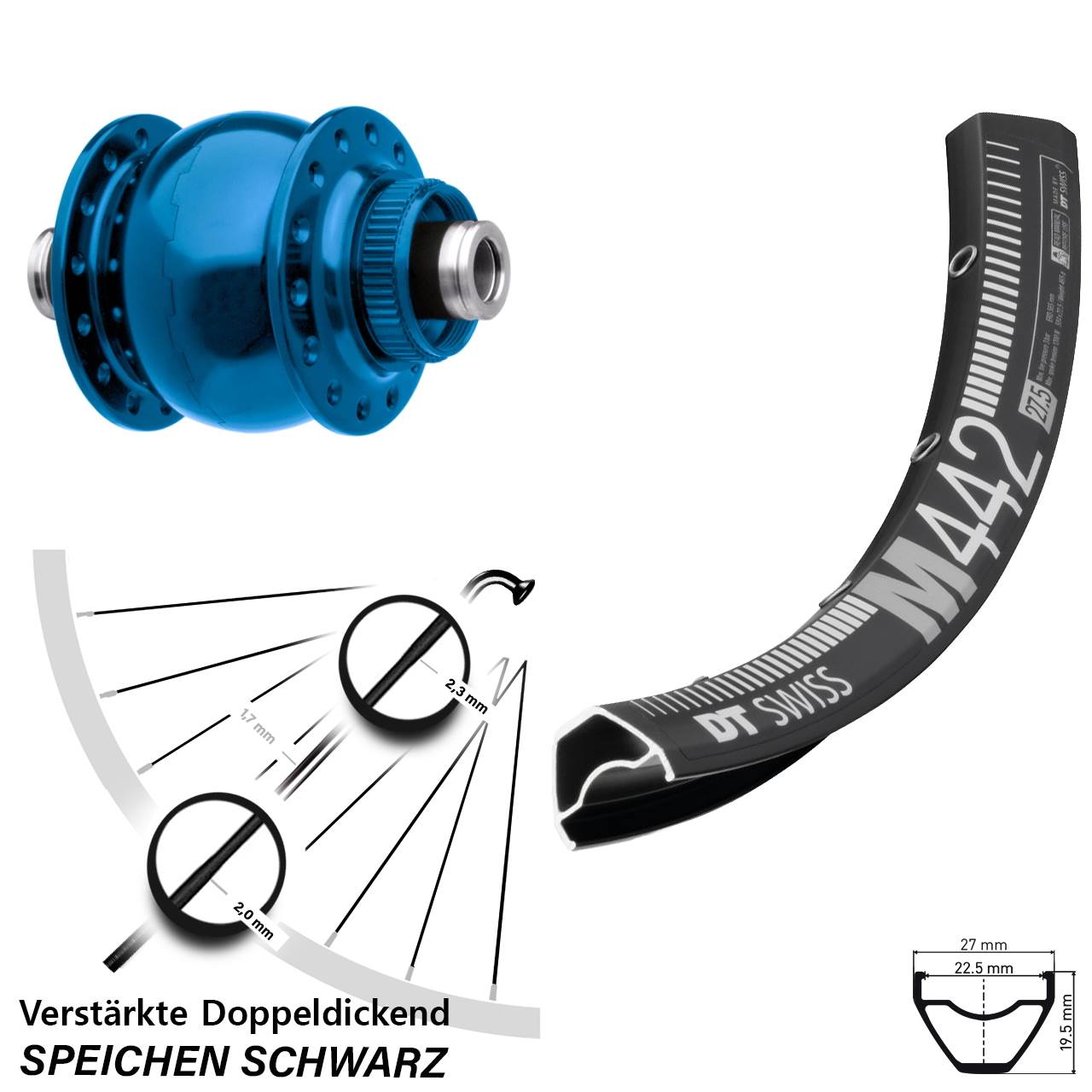 Nabendynamovorderrad Centerlock 12x100 DT Swiss M 442 SON 28 Zoll blau