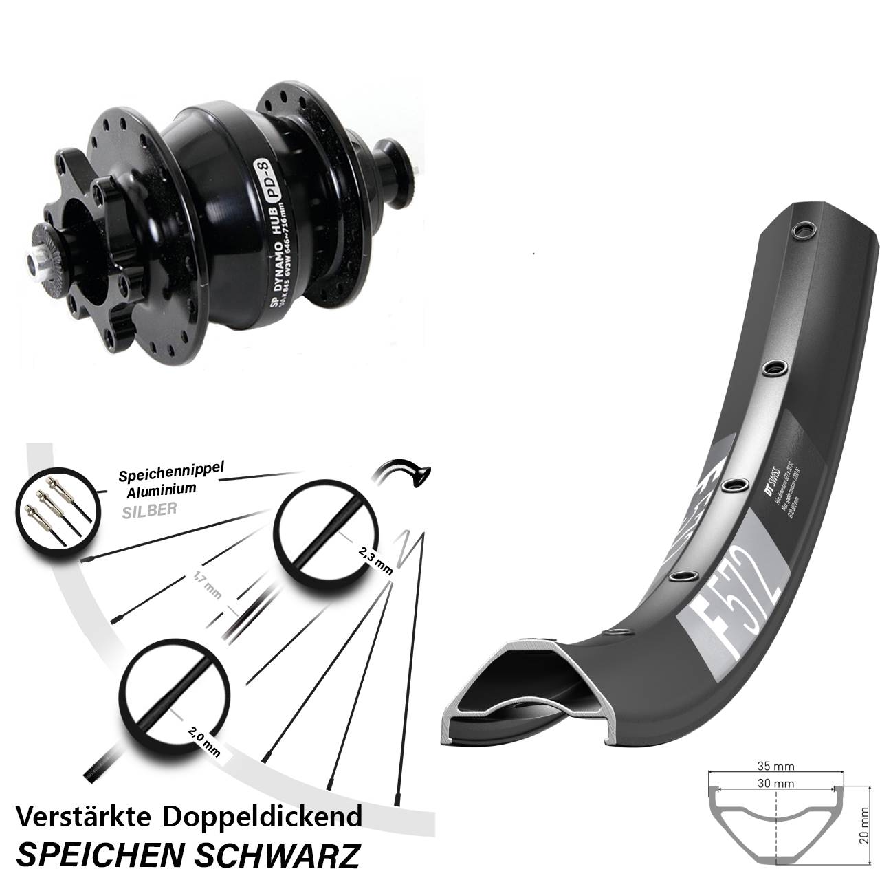 Nabendynamovorderrad 6-Loch 29 Zoll DT Swiss F 572 Shutter PD-8 für Schnellspanner