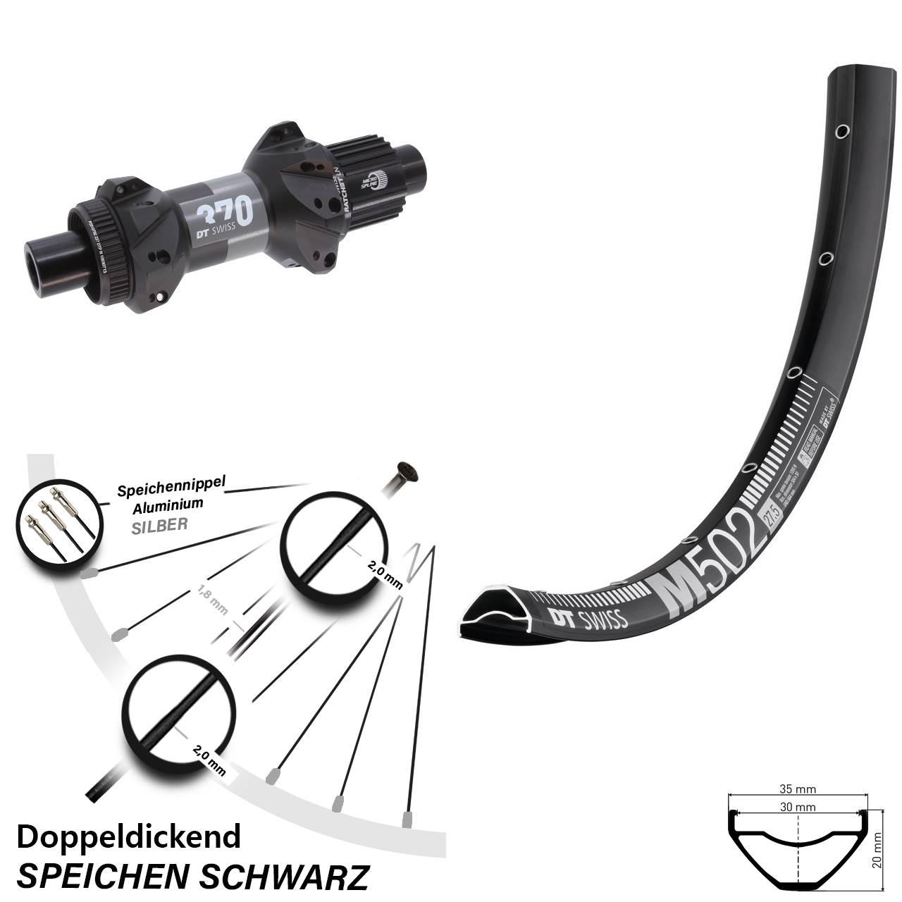 DT Swiss M 502-370 29 Zoll Centerlock Hinterrad 12x148 Micro Spline