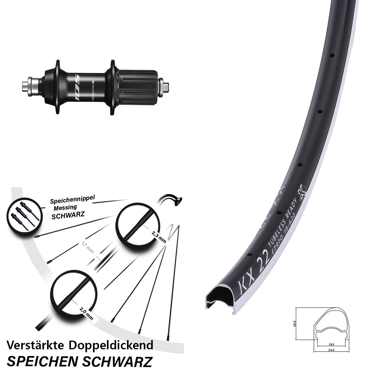 Hinterrad 28 Zoll KX 22 OS Shimano FH-R7000 8-12 fach QR