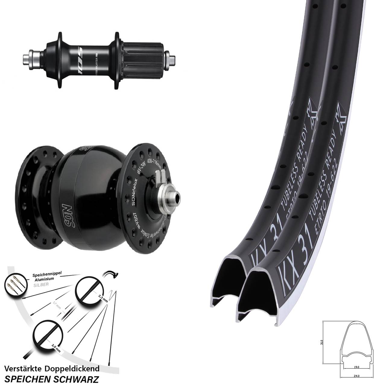 Laufrad-Satz 28 Zoll KX 31 Shimano 105 SON delux wide body 8-12 fach für Schnellspanner